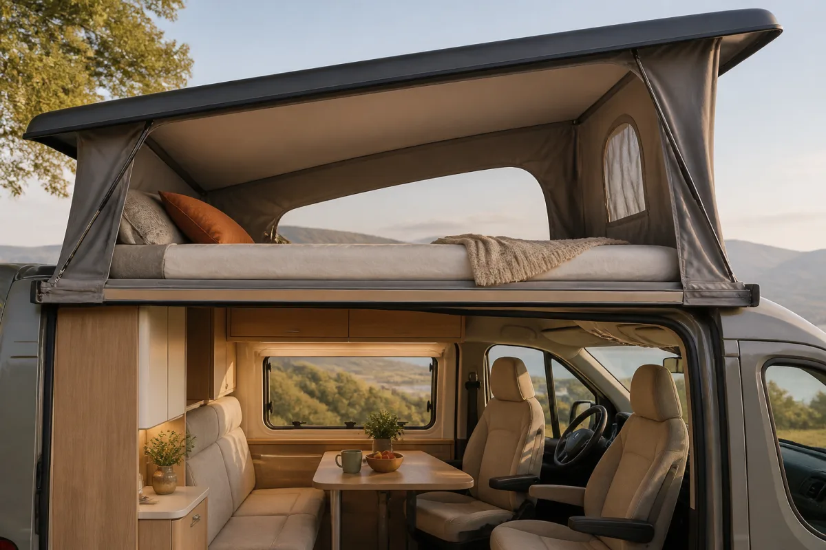 Coupe intérieure d’un fourgon avec toit relevable déployé et couchage supérieur