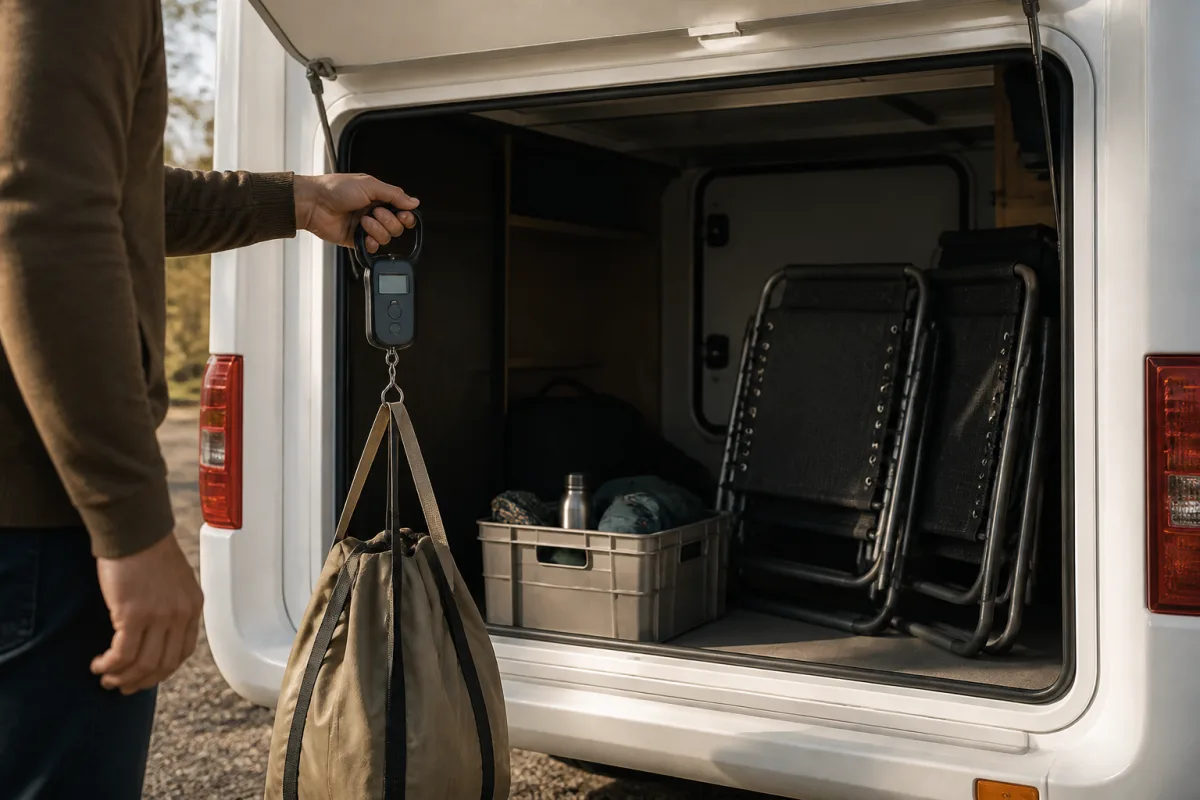 Soute de camping‑car ouverte avec bagages et balance portable mesurant un objet