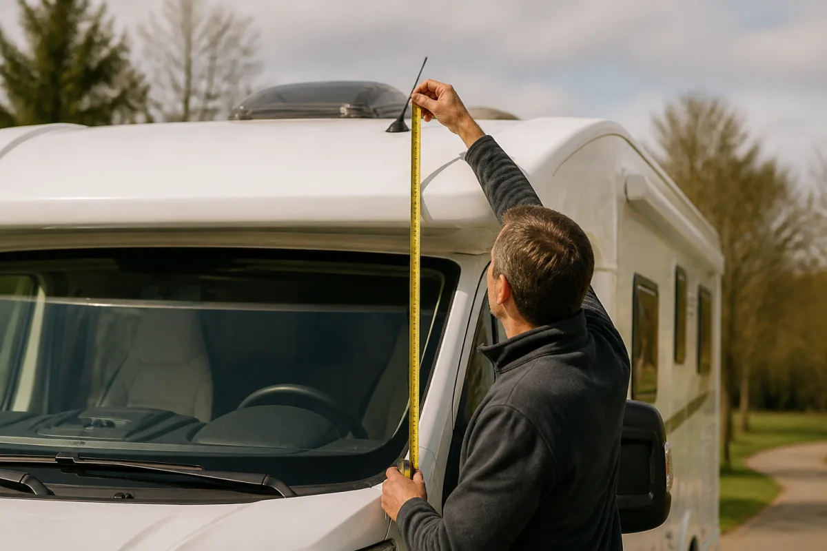 Mesure de la hauteur d’un camping-car au mètre ruban, étiquette H visible sur le tableau de bord