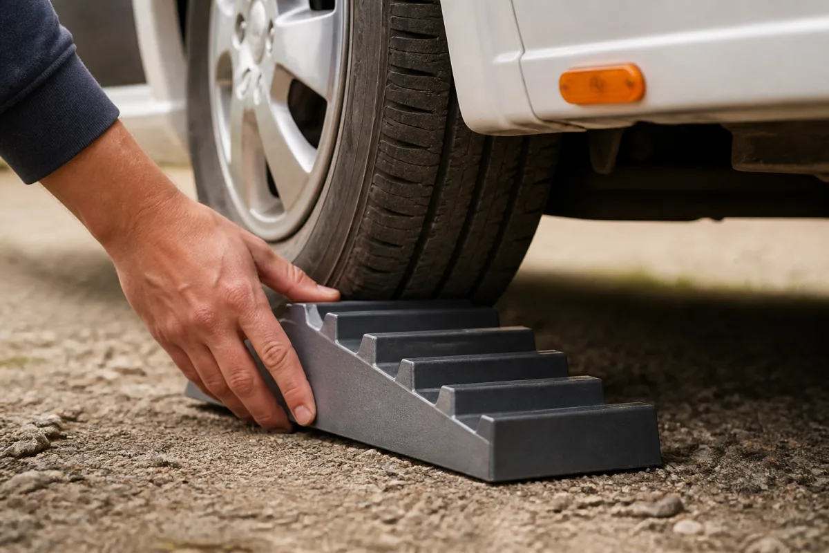 Main installant une cale multi-paliers sous une roue de camping-car