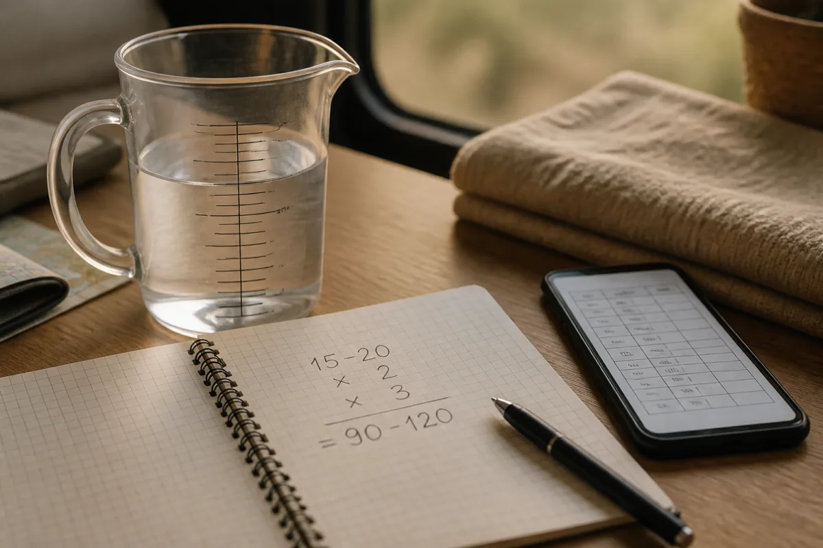 Verre doseur, carnet avec calculs litres par jour et smartphone montrant tableau de calcul