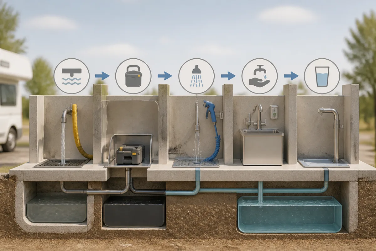 Schéma d’étapes hygiène pour vidange et remplissage : eaux grises, cassette, rinçage, lavage des mains, eau propre