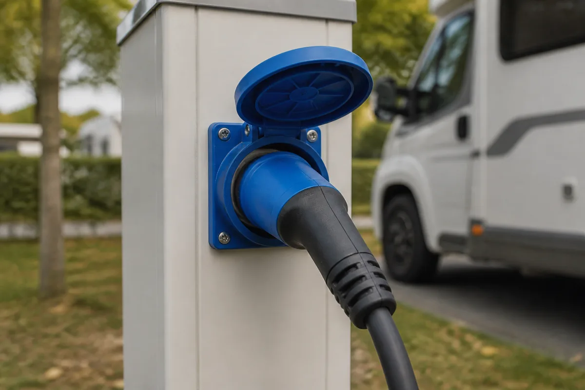 Prise CEE 16 A de camping avec câble de charge branché