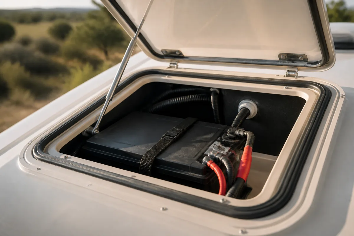 Compartiment technique ouvert montrant une batterie lithium 100 Ah et câblage