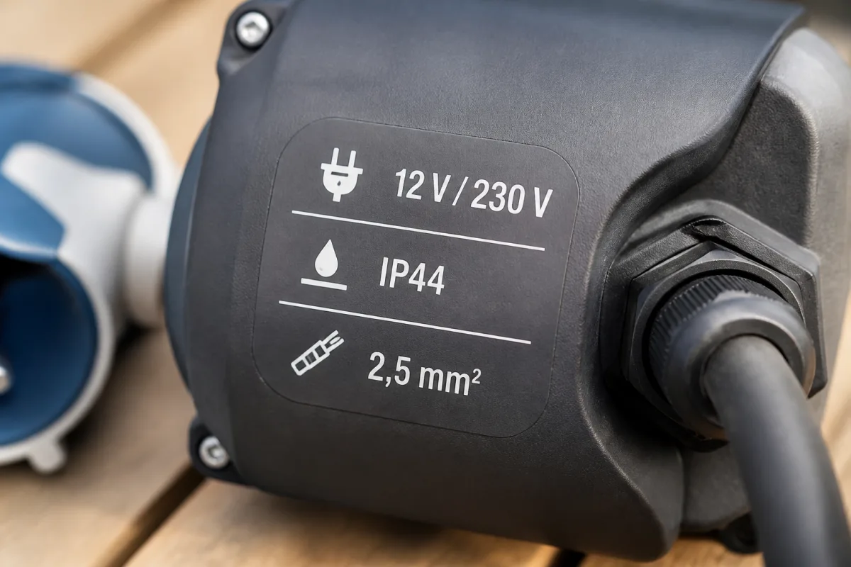Étiquette produit indiquant 12 V / 230 V, IP44 et 2,5 mm²