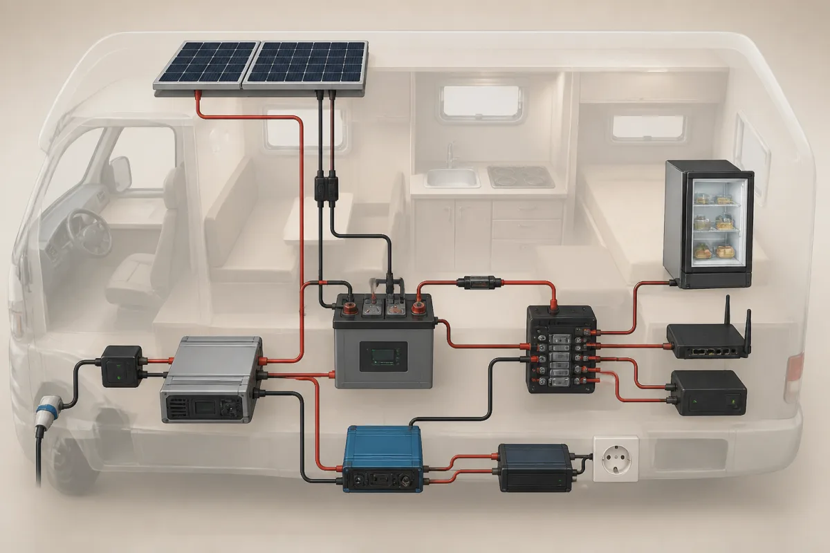 Schéma du circuit électrique d’un camping-car avec batterie, panneaux solaires, chargeur et charges