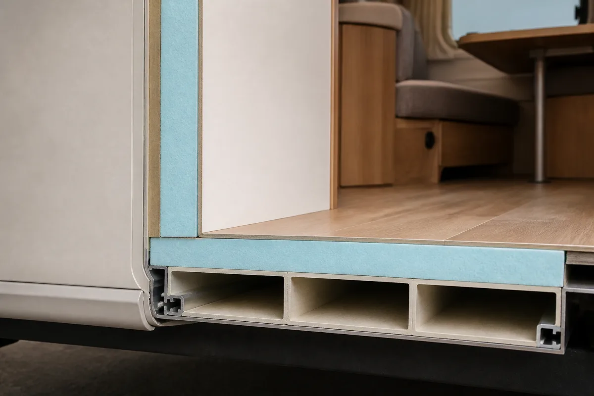 Coupe de paroi montrant parement intérieur, isolant XPS et ossature de plancher