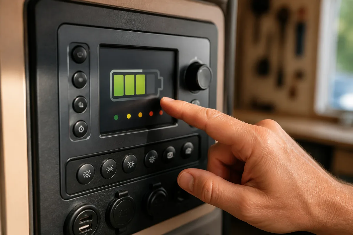 Gros plan sur l’indicateur de charge d’une batterie cellule et une main pointant la lecture