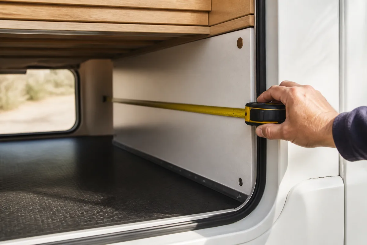 Mètre ruban mesurant la profondeur de la soute d’un camping‑car