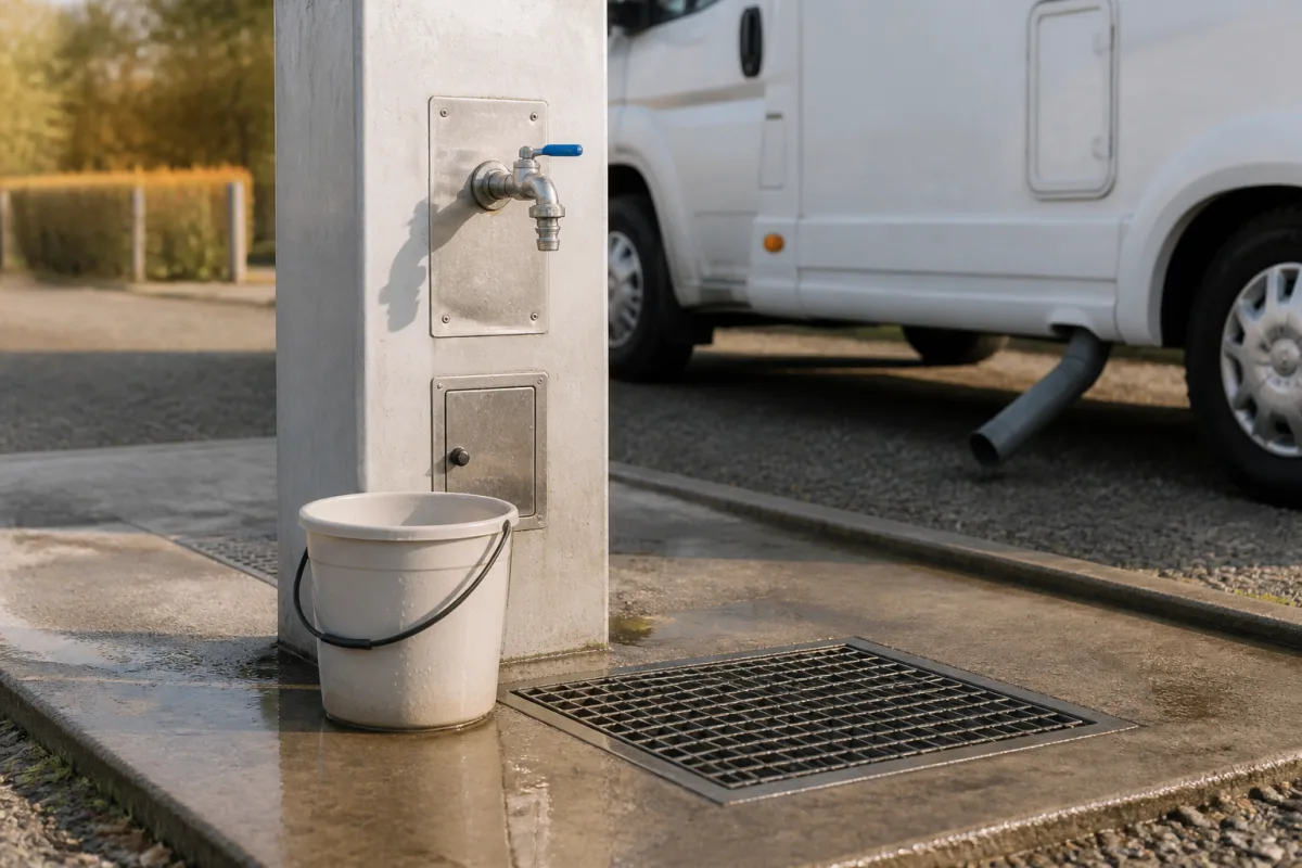 Borne de services pour camping-car avec robinet, grille de vidange et panneau d’instructions