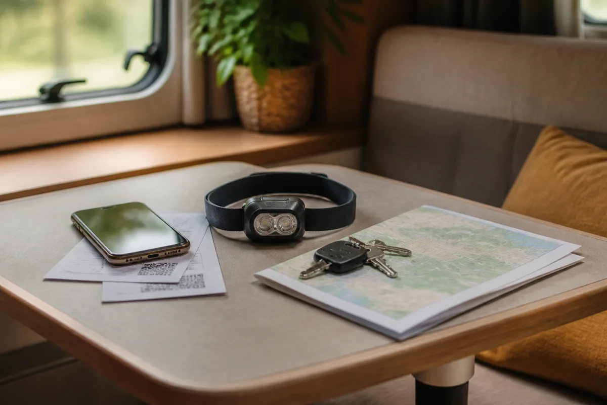 Checklist posée sur la table du camping-car avec billets, lampe frontale et clés