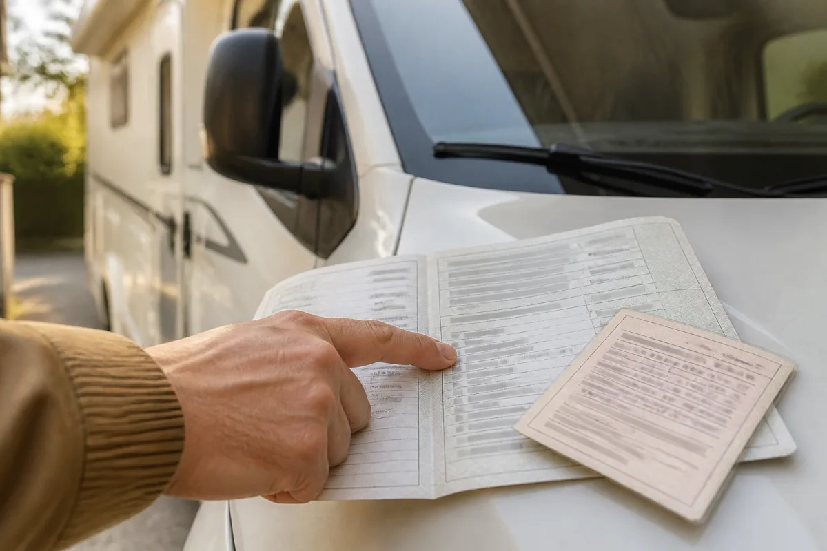 Main montrant la mention PTAC et la masse à vide sur une fiche technique posée sur un camping-car