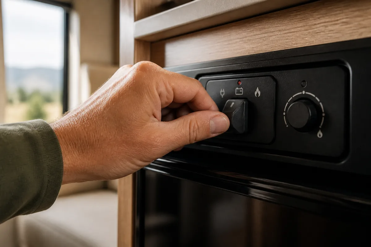 Main tournant le sélecteur d’un frigo trimixte vers la position gaz