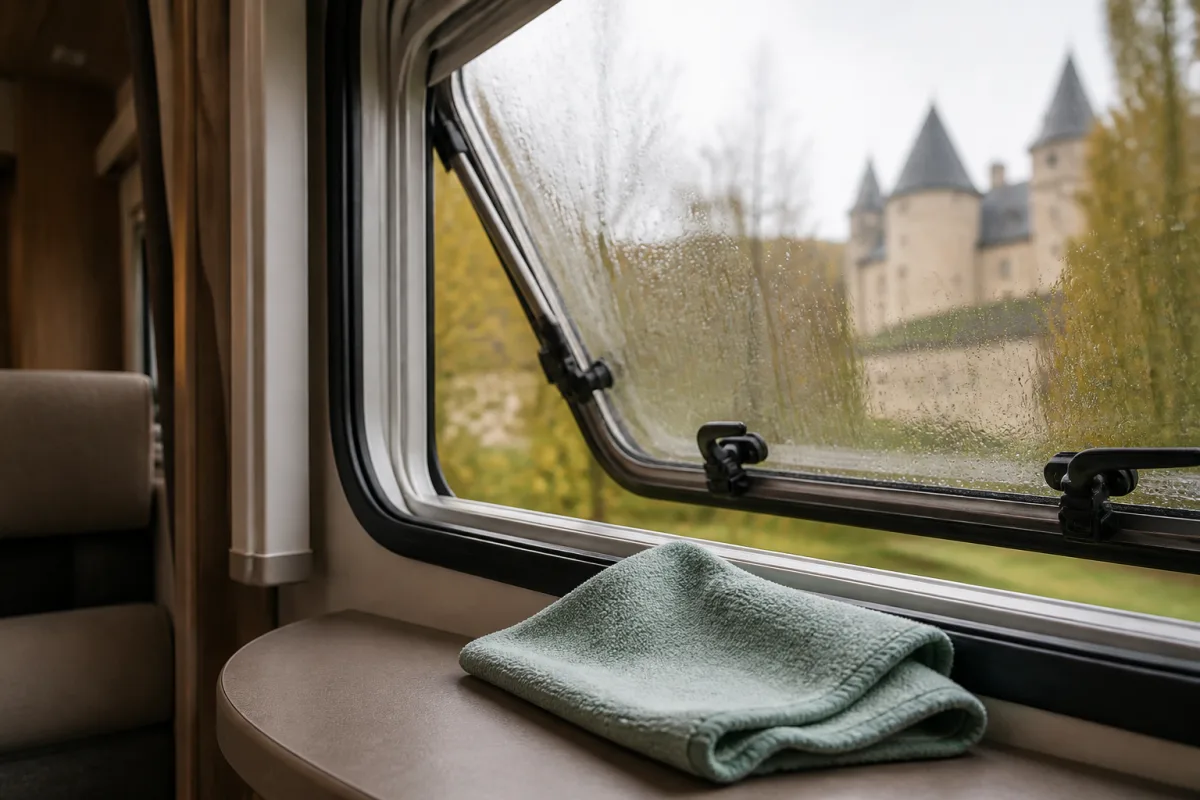 Fenêtre de camping-car légèrement entrouverte avec traces de buée et chiffon microfibre posé à côté