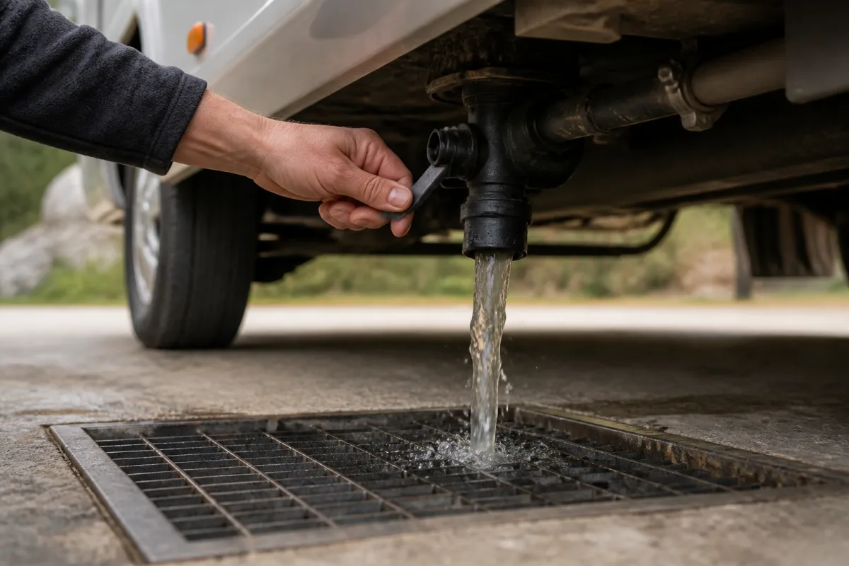 Main ouvrant la vanne de vidange d’un camping-car au-dessus d’une grille