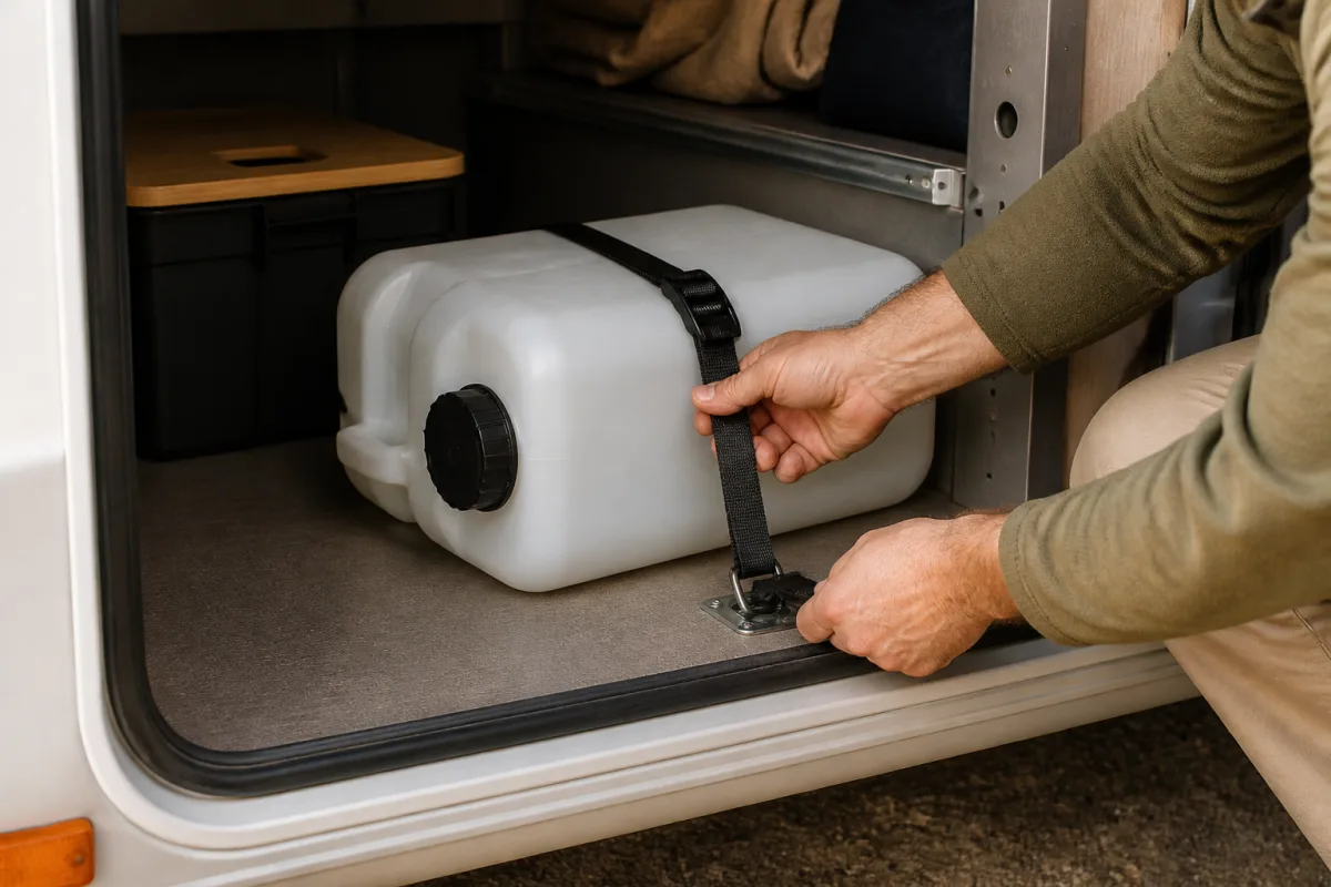 Main fixant une sangle autour d’un bidon de 20 l dans la soute d’un camping-car